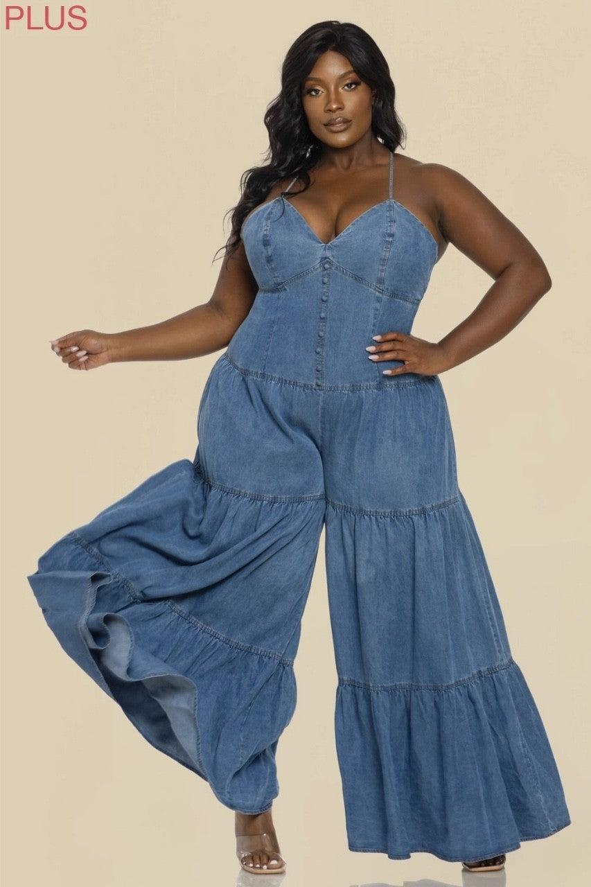 PLUS SIZE DENIM O-RING BACK TIERED JUMPSUIT